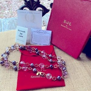 VINTAGE GOLD TONE KJL KENNETH JAY LANE AMETHYST LUCITE FAUX PEARL BEAD NECKLACE